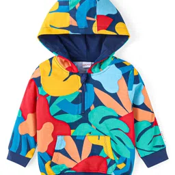 Babyhug Terry Knit Full Sleeves Hooded Sweatshirt with Kangaroo Pockets & Lounge Pant Set with Leafy Print-Navy image 2