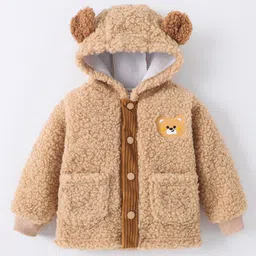 Kookie Kids Full Sleeves Hooded Winter Fur Jacket with Bear Patch Detailing & Ears Applique - Tan image 3