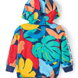 Babyhug Terry Knit Full Sleeves Hooded Sweatshirt with Kangaroo Pockets & Lounge Pant Set with Leafy Print-Navy image 3