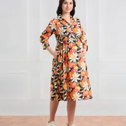 Bella Mama Woven Three Fourth Sleeve Maternity Shirt Dress With Floral Print - Black & Orange image 4