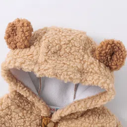 Kookie Kids Full Sleeves Hooded Winter Fur Jacket with Bear Patch Detailing & Ears Applique - Tan image 4