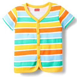 Babyhug 100% Cotton Knit Half Sleeves Striped & Animal Printed Front Open Vests Pack of 3 - Yellow & White image 4