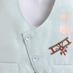 ministitch Ministich Cotton Woven Sleeveless Aeroplane Embroidered Waistcoat - Sky Blue image 5