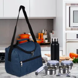 Kuber Industries Pack of 2 Lunch Bag  Rexine Thermal Insulated Lunch Bag  Waterproof Tiffin Cover with Handle  Front Pocket Lunch Bag for Office  Zipper Lunch Bag for Camping  Blue image 5