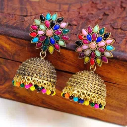 crunchy fashion Crunchy Fashion, Oxidized German Gold-Plated & Multicolour, Dome Shaped Jhumka Earrings image 1