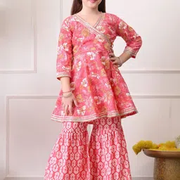 Indi-Loom Couture Girls Floral Printed Angrakha Gotta Patti Pure Cotton Kurta with Sharara-picture-52
