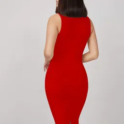 TOOCHKI Red Solid Round Neck Stretchable Midi Bodycon Dress image 4
