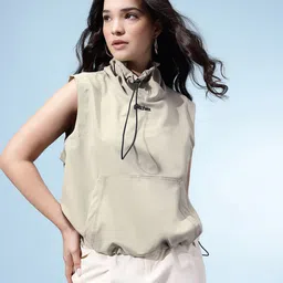 glitchez High Neck Sleeveless Crop Tailored Jacket with Toggled Hem and Neck image 4