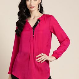 Qurvii Magenta Mandarin Collar Top with Embellished Placket-picture-46