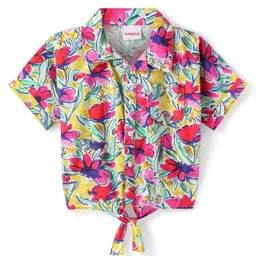 Babyhug Rayon Woven Half Sleeves Knotted Top With Floral Print - Dark Pink-picture-20