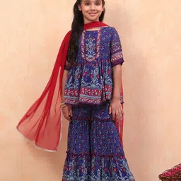 BIBA Half Sleeves Floral Printed Gota Lace Embellished Kurta With Coordinating Flared Sharara & Dupatta Set - Blue-picture-22