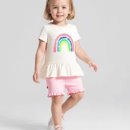 Bonfino Cotton Knit Half Sleeves T-Shirt & Shorts Set With Rainbow Embellishment & Frill- Ivory & Pink-image-11