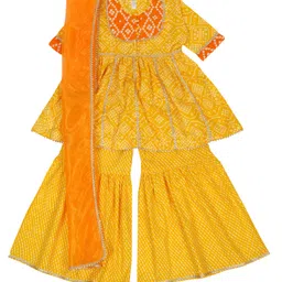 Little Ginnie Cotton Half Sleeves Gota Lace Embellished Bandhani Designed Kurta Sharara & Dupatta Set - Yellow-picture-28