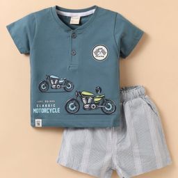 CUCUMBER Sinker Knit Half Sleeves Henley Neck T-Shirt & Shorts Set with Vehicle Print - Teal Blue-picture-5