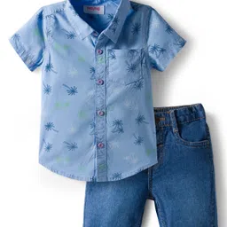 Babyhug Cotton Knit Half Sleeves Shirt and Shorts Sets with Coconut Tree Print - Light Blue & Blue-picture-14