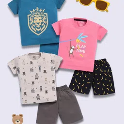 blushh berry Cotton Knit Pack Of 3 Half Sleeves Baby Animals Printed Tees & Shorts Set - Green Pink & Grey-picture-14