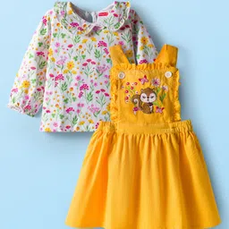 Babyhug Cotton Woven Frock with Full Sleeves Inner Top with Floral Print & Embroidery - Yellow & White-picture-24