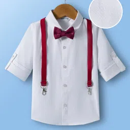 Mark & Mia Woven Full Sleeves Textured Solid Party Shirt With Bow & Suspender - White-picture-16