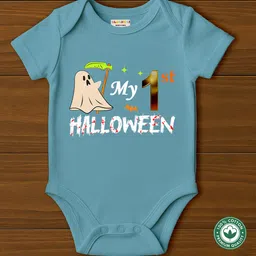 BLUSHES 100% Cotton Knit Halloween Theme Half Sleeves My 1st Halloween Text Printed Onesie - Olive Green-picture-30