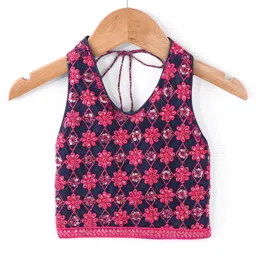 Babyhug Sleeveless Floral Embroidered Choli Lehenga with Dupatta- Navy Blue image 2