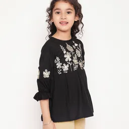 ISHTI Rayon Three Fourth Sleeves Floral Embroidered Top - Black image 4