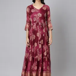 Neerus Floral Print Beads and Stones Georgette Fit & Flare Maxi Ethnic Dress-picture-41