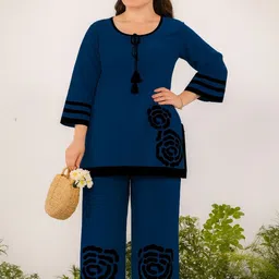 BlueWears Floral Embroidered Aari Work Round Neck Straight Kurti With Palazzos-picture-22