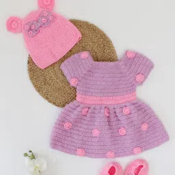 Woonie Handmade Floral Pattern Embroiderd With Bow Detailed Cap & Booties - Purple-picture-20