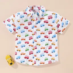 Babyhug Cotton Half Sleeves Knit Boys Shirt Car & Bus Print - White-picture-27