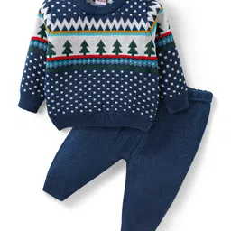 Babyhug Knitted Full Sleeves Pullover Sweater & Pant Set with Christmas Theme Design  - Navy Blue-picture-21
