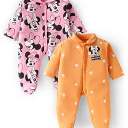 Babyhug Disney Interlock Knit Full Sleeves Footed Sleepsuits with Minnie Mouse Print Pack of 2 - Orange & Pink-picture-34