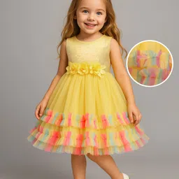 Babyhug Woven Sleeveless Ruffled Party Dress With Sequinned Yoke & Floral Applique - Yellow-picture-23