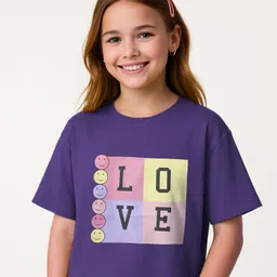 Pine Kids Cotton Knit Half Sleeves Drop Shoulder T-Shirt with Love Text Print - Purple-picture-24