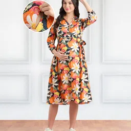 Bella Mama Woven Three Fourth Sleeve Maternity Shirt Dress With Floral Print - Black & Orange-picture-16