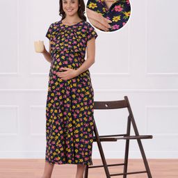 Bella Mama 100% Cotton Knit Half Sleeves Concealed Zipper Nursing Nighty Floral Print - Navy Blue-picture-8