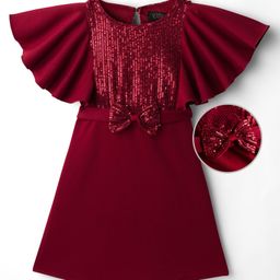 Hola Bonita Knit Flutter Sleeves Party Dress With Sequin Detailing & Bow Applique - Maroon-picture-4