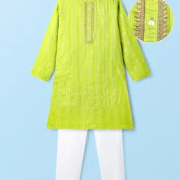 EARTHY TOUCH Cotton Woven Full Sleeves Printed Kurta Pajama Set - Lime Green-picture-16