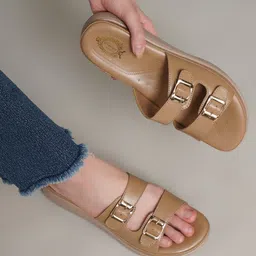 Shoetopia Buckle Detailed Slip On Sandals - Tan-picture-23