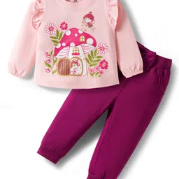Doodle Poodle 100% Cotton Knit Full Sleeves Printed Top and Joggers Set With Mushroom Print - Baby Pink & Maroon-picture-25