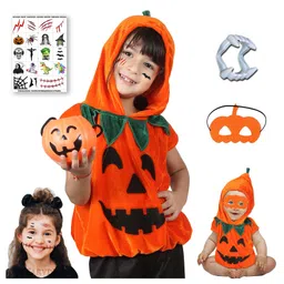 Sarvda Velvet Halloween Theme Half Sleeves Hooded Costume With Pumpkin Basket Scary Teeth Mask & Tattoos Set - Orange-image-36