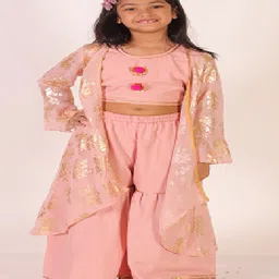 M'andy Full Bell Sleeves Floral Foil Printed Shrug With Gota Flower Embellished Top & Palazzo Set - Peach image 3