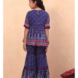 BIBA Half Sleeves Floral Printed Gota Lace Embellished Kurta With Coordinating Flared Sharara & Dupatta Set - Blue image 3