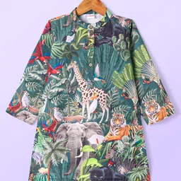 Babyhug Woven Full Sleeves Kurta Pyjama Set Forest Print - Dark Green image 2