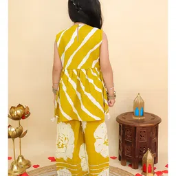 AJ Dezines Cotton Woven Sleeveless Floral Printed Gota Lace Embellished Top With Attached Shrug & Coordinating Pant Set - Mustard image 3