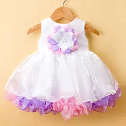 Bluebell Satin Woven Sleeveless Party Frock With Floral Applique & Booties - White image 2