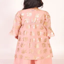 M'andy Full Bell Sleeves Floral Foil Printed Shrug With Gota Flower Embellished Top & Palazzo Set - Peach image 4