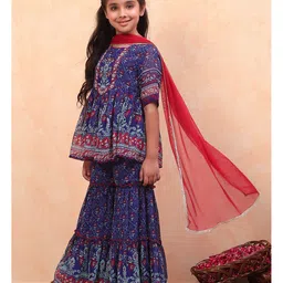 BIBA Half Sleeves Floral Printed Gota Lace Embellished Kurta With Coordinating Flared Sharara & Dupatta Set - Blue image 4