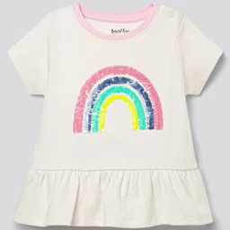Bonfino Cotton Knit Half Sleeves T-Shirt & Shorts Set With Rainbow Embellishment & Frill - Ivory & Pink image 3