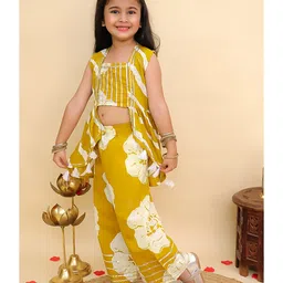 AJ Dezines Cotton Woven Sleeveless Floral Printed Gota Lace Embellished Top With Attached Shrug & Coordinating Pant Set - Mustard image 4