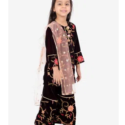 Little Bansi Full Sleeves Floral Embroidery Lining Kurta Palazzo With Dupatta - Violet image 5